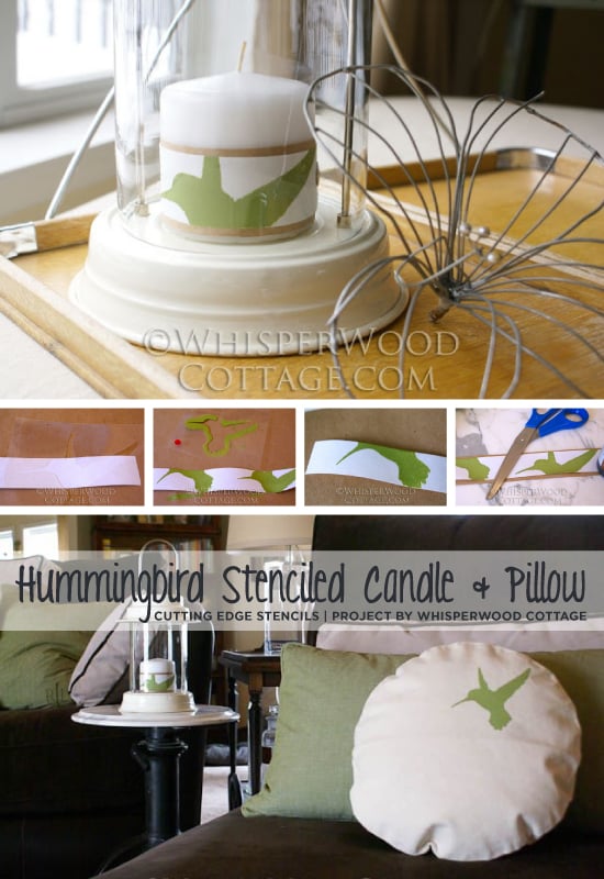 The hummingbird stencil can create fun diy projects like this pillow and candle wrap! http://www.cuttingedgestencils.com/hummingbird-stencil.html
