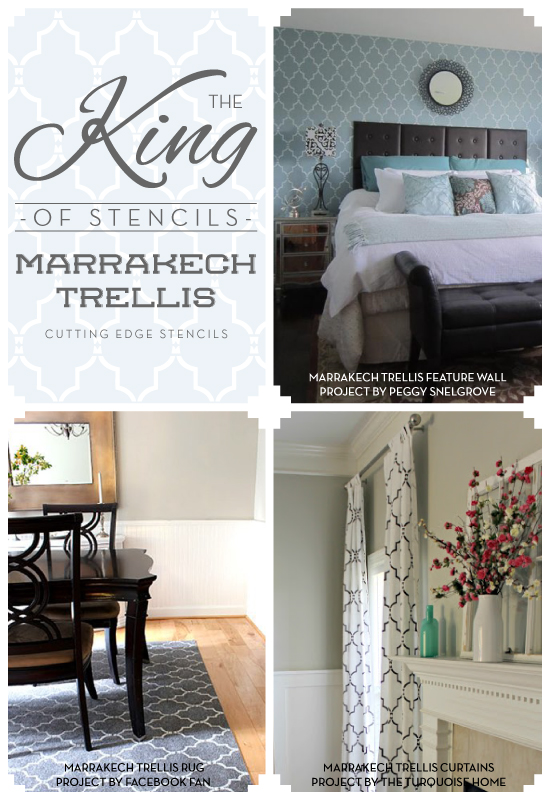 The Marrakech Trellis Stencil is one of our most popular Moroccan Stencils for accent walls, throw rugs, curtains and more! http://www.cuttingedgestencils.com/moroccan-stencil-marrakech.html