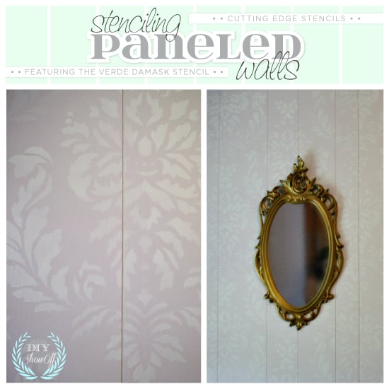 Stenciling on paneled walls is easy and looks gorgeous! Here the Verde Damask Stencil has been stenciled on paneling.http://www.cuttingedgestencils.com/damask-stencil-wallpaper.html