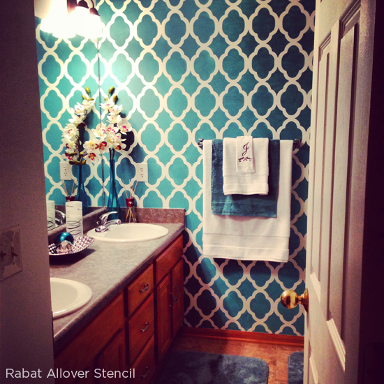 Use the Rabat Allover Stencil in your bathroom in a cool teal tone to get this look! http://www.cuttingedgestencils.com/moroccan-stencil-pattern-3.html