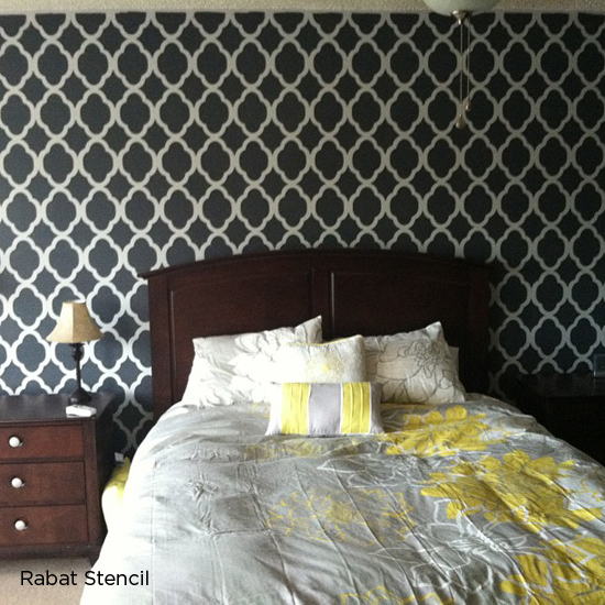 Stencil and accent wall in your bedroom using the Rabat Allover Stencil from Cutting Edge Stencils! http://www.cuttingedgestencils.com/allover-stencils.html