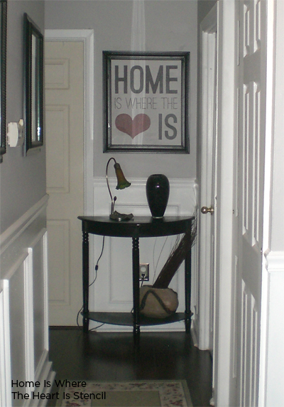 Stencil and frame this wall stencil, Home is Where the Heart Is from Cutting Edge Stencils. http://www.cuttingedgestencils.com/home-is-wall-quote-stencil.html