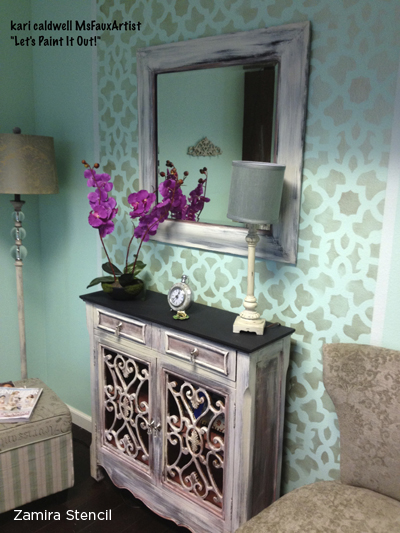 Use the Zamira Stencil from Cutting Edge Stencils in a turquoise to recreate this beauty! http://www.cuttingedgestencils.com/moroccan-stencil-designs.html