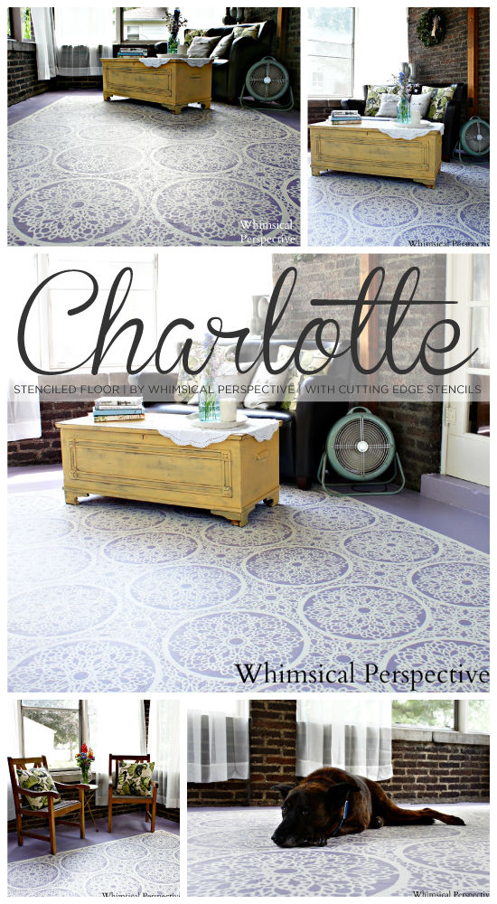 Painted and Stenciled porch floor using the Charlotte Allover Stencil from Cutting Edge Stencils by Whimsical Perspective!http://www.cuttingedgestencils.com/charlotte-allover-stencil-pattern.html