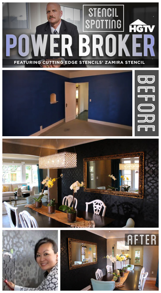 Zamira Stenciled black dining room was featured on HGTV's Power Broker. http://www.cuttingedgestencils.com/moroccan-stencil-designs.html