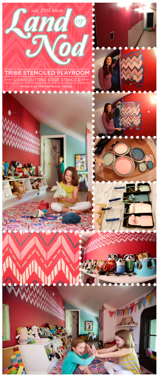 Recreate the stenciled playroom found in the July issue of Land of the Nod by using the Tribe Stencil from Cutting Edge Stencils! http://www.cuttingedgestencils.com/tribe-allover-stencil.html