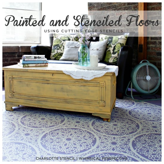 Painted and Stenciled porch floor using the Charlotte Allover Stencil from Cutting Edge Stencils by Whimsical Perspective!http://www.cuttingedgestencils.com/charlotte-allover-stencil-pattern.html