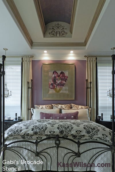 Use the Gabi's Brocade Stencil from Cutting Edge Stencils in your bedroom to get a similar stunning look! http://www.cuttingedgestencils.com/wallpaper-damask-stencil.html