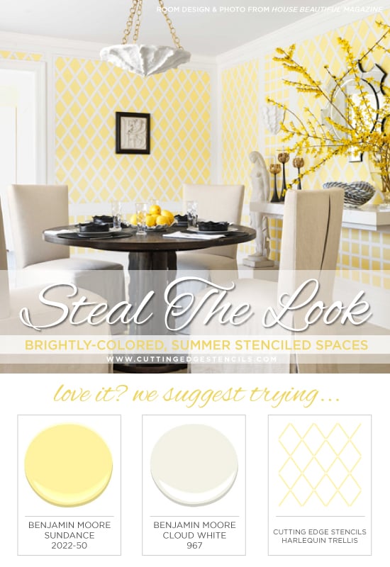 Use the Harlequin Trellis Stencil in a sunny yellow to get the look of this dining room! http://www.cuttingedgestencils.com/trellis-stencil-harlequin.html