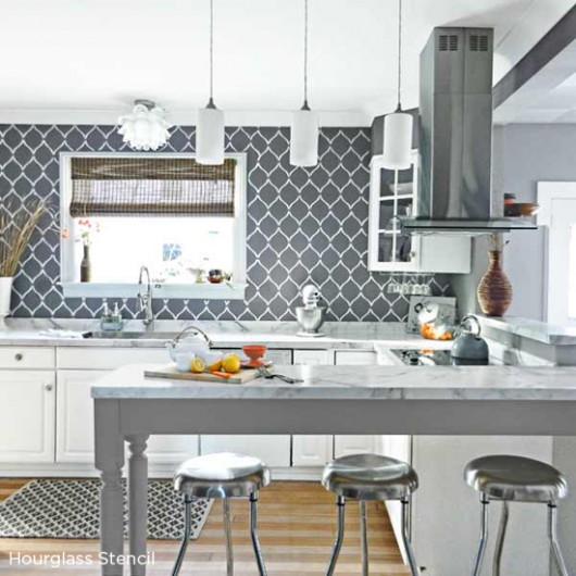 Paint the Hourglass Allover Stencil in gray and white to create a gorgeous kitchen backsplash! http://www.cuttingedgestencils.com/modern-stencil.html