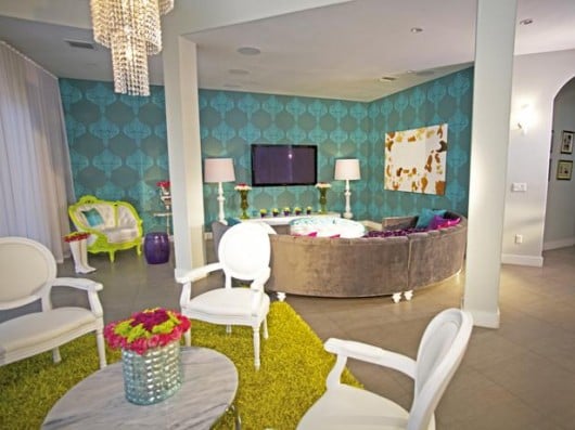 David Bromstad from HGTV used the Rachel Brocade stencil from Cutting Edge Stencil in this contemporary living room!http://www.cuttingedgestencils.com/stencil-allover-pattern-2.html