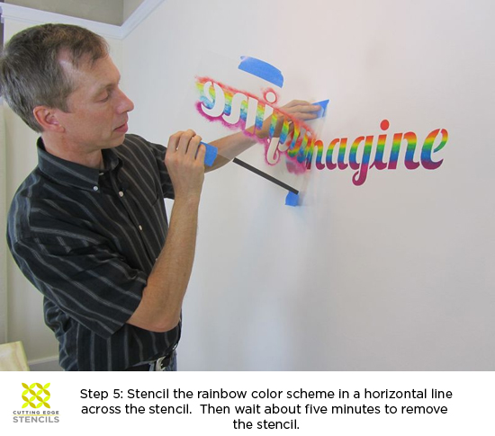 Stencil video tutorial and step by step guide on how to use the Imagine Stencil in a rainbow color scheme! http://www.cuttingedgestencils.com/imagine-quote-wall-stencil-DIY-decor.html