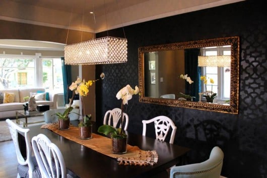 Zamira stenciled black dining room by Alice T Chan on HGTV's Power Brokers. http://www.cuttingedgestencils.com/moroccan-stencil-designs.html