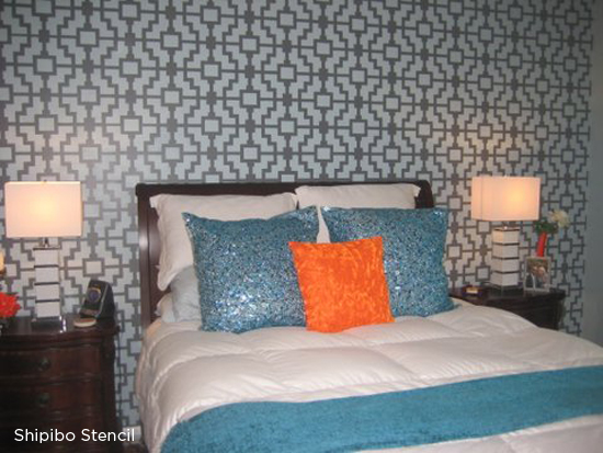 Paint a black accent wall with the Shipibo Stencil from Cutting Edge Stencils! http://www.cuttingedgestencils.com/stencils-wall-stencil-shipibo.html