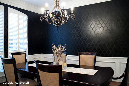 Stencil the Casablanca pattern in your dining room in a high gloss over a matte for this stunnign look! http://www.cuttingedgestencils.com/allover-stencils.html