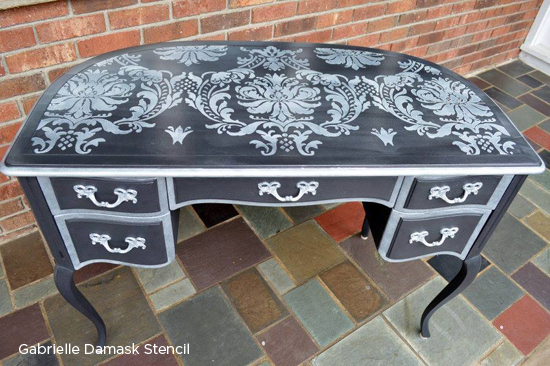 Stencil a white Gabrielle Damask pattern from Cutting Edge Stencils on a black painted desk! http://www.cuttingedgestencils.com/damask-stencil-3.html