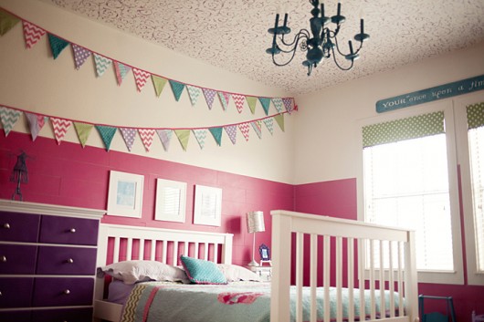 Gorgeous stenciled girls room idea uses the Lily Scroll Stencil on the painted ceiling! http://www.cuttingedgestencils.com/scroll-stencil.html