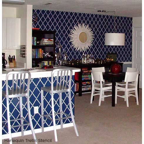 Paint and stencil your kitchen island using the Harlequin Trellis Stencil in blue! http://www.cuttingedgestencils.com/trellis-stencil-harlequin.html