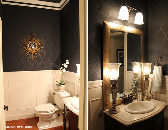 Paint your bathroom a bold black hue and then stencil the Marrakech Trellis pattern! http://www.cuttingedgestencils.com/moroccan-stencil-marrakech.html