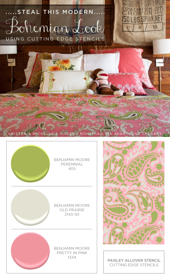 Make your own Paisley Allover stenciled bedding to get this look! http://www.cuttingedgestencils.com/paisley-allover-stencil.html