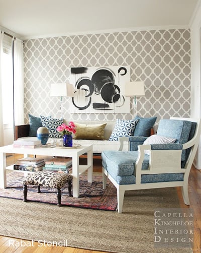 A Rabat Stenciled accent wall in a living room adds great visual interest to the space! http://www.cuttingedgestencils.com/moroccan-stencil-pattern-3.html