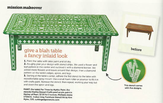 Indian Inlay stenciled table using Cutting Edge Stencils found in the September issue of HGTV Magazine! http://www.cuttingedgestencils.com/indian-inlay-stencil-furniture.html