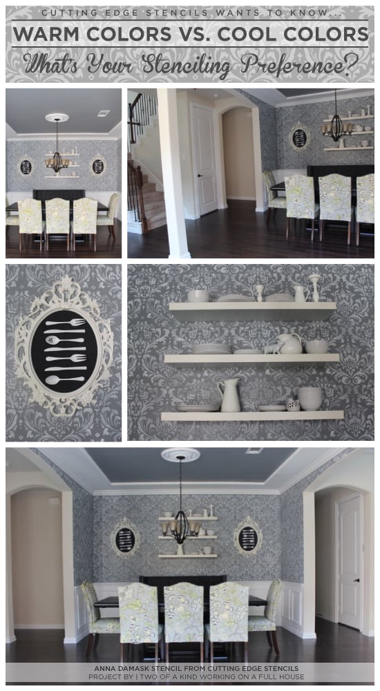 Use the Anna Damask Stencil from Cutting Edge Stencils in a cool grey tone to get the look of this stenciled dining room.http://www.cuttingedgestencils.com/damask-stencil.html