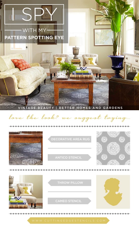 Stencil the look of these gorgeous designer home decor looks using Cutting Edge Stencils! http://www.cuttingedgestencils.com/antico-allover-wall-pattern.html