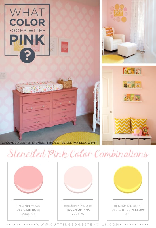 Stenciled pink color combinations using the Cascade Stencil from Cutting Edge Stencils and Benjamin Moore Paints! http://www.cuttingedgestencils.com/cascade-allover-stencil-pattern.html