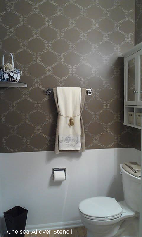 Chelsea Allover Stencil painted in a grey powder room. http://www.cuttingedgestencils.com/chelsea-allover-wall-pattern.html