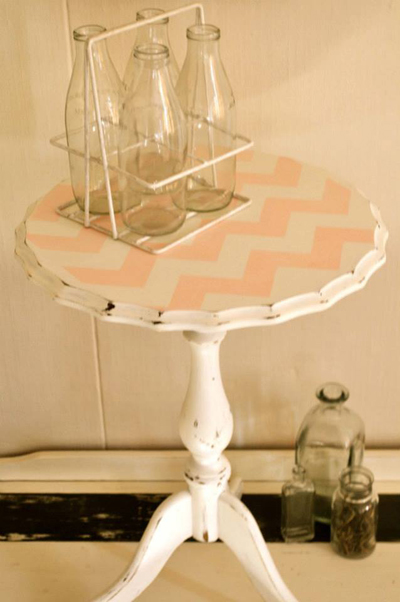 Paint a table using the Chevron Craft Stencil in a soft pink color to get this look! http://www.cuttingedgestencils.com/chevron-stencil-templates-stencils.html