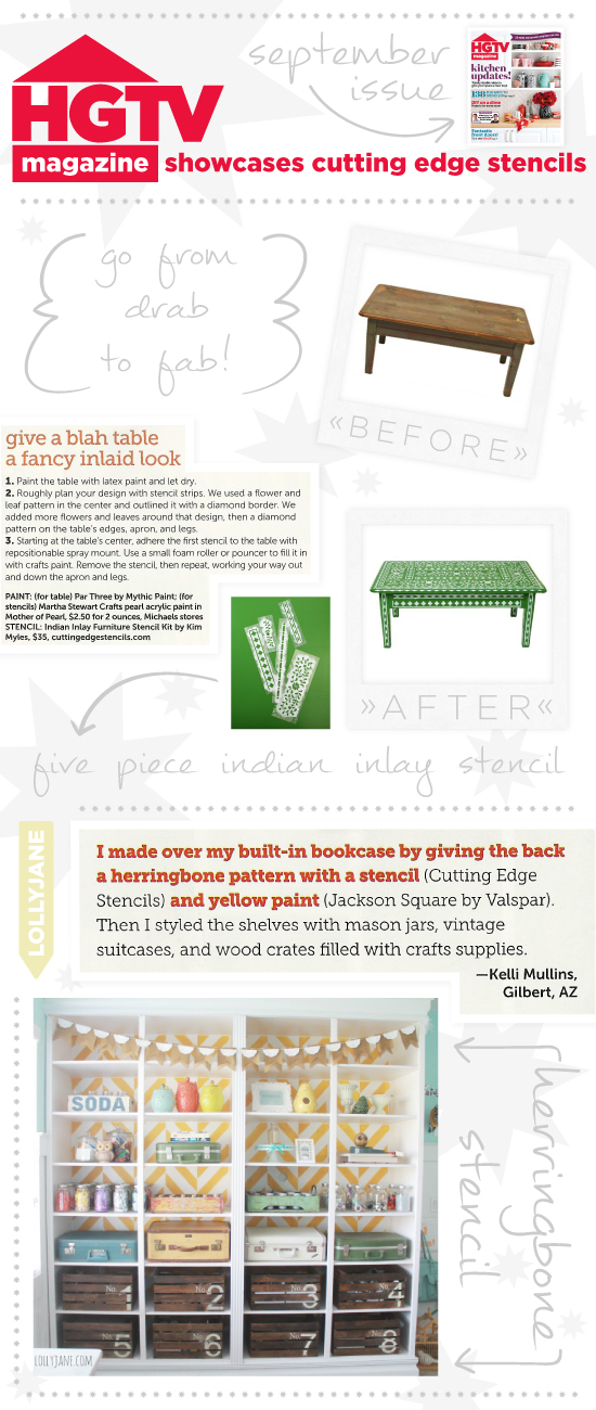 Stencil projects using Cutting Edge Stencils found in HGTV Magazine's September issue!http://www.cuttingedgestencils.com/herringbone-stencil-pattern.html