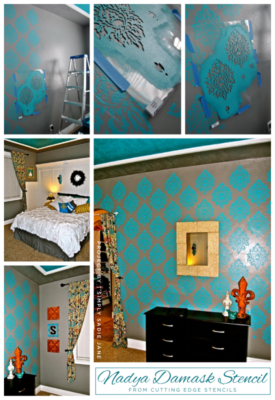 A Nadya Damask Stenciled blue master bedroom. http://www.cuttingedgestencils.com