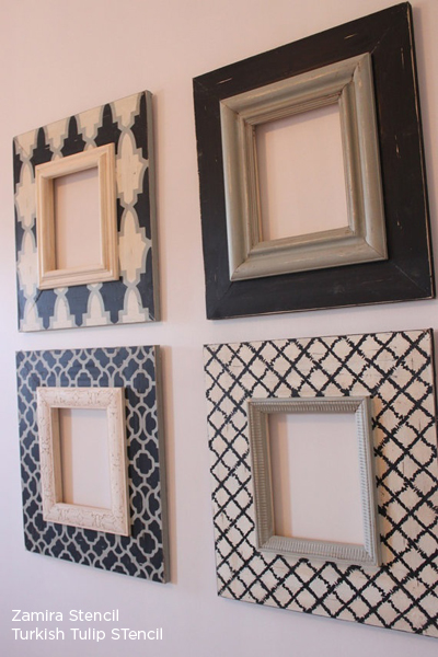 Use craft stencils from Cutting Edge Stencils to get a patterned frame look in various shades of black. http://www.cuttingedgestencils.com/craft-furniture-stencils.html