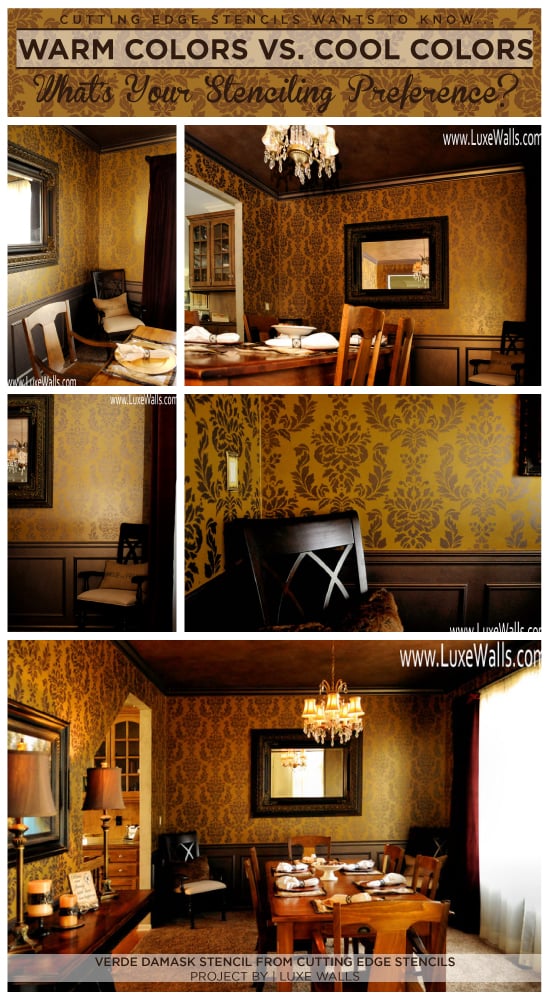 Use the Verde Damask Stencil by Cutting Edge Stencils to get a similar look to this gold and taupe stenciled dining room.  http://www.cuttingedgestencils.com/damask-stencil-wallpaper.html