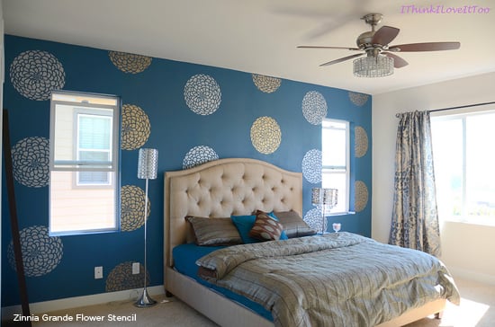 Blue stenciled bedroom makeover using the Zinnia Grande Flower Stencil from Cutting Edge Stencils! http://www.cuttingedgestencils.com/flower-stencil-zinnia-wall.html