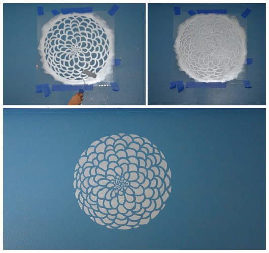 Blue stenciled bedroom makeover using the Zinnia Grande Flower Stencil from Cutting Edge Stencils! http://www.cuttingedgestencils.com/flower-stencil-zinnia-wall.html