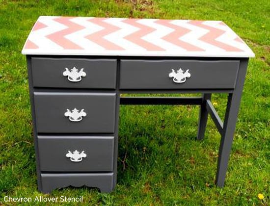 Use the Chevron Stencil from Cutting Edge Stencils to easily add the zig zag pattern to your desk! http://www.cuttingedgestencils.com/chevron-stencil-pattern.html