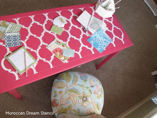 Paint a pink pattern on your desk using the Moroccan Dream Stencil from Cutting Edge Stencils. http://www.cuttingedgestencils.com/moroccan-stencil-design.html