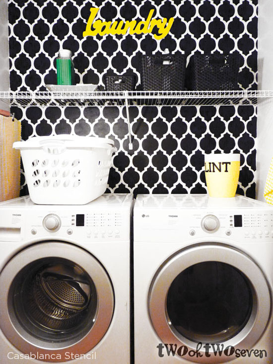 Use the Casablanca pattern from Cutting Edge Stencils to get this gorgeous laundry room's look!   http://www.cuttingedgestencils.com/allover-stencils.html