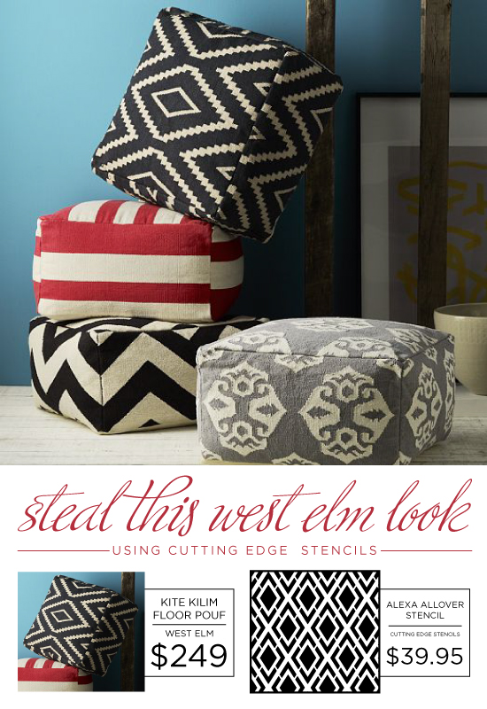 Use the Alexa Allover pattern from Cutting Edge Stencils to recreate this look from West Elm.  http://www.cuttingedgestencils.com/alexa-allover-wall-pattern.html