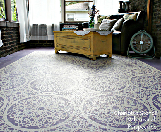 A lilac stenciled porch floor using the Charlotte Allover pattern from Cutting Edge Stencils. http://www.cuttingedgestencils.com/charlotte-allover-stencil-pattern.html