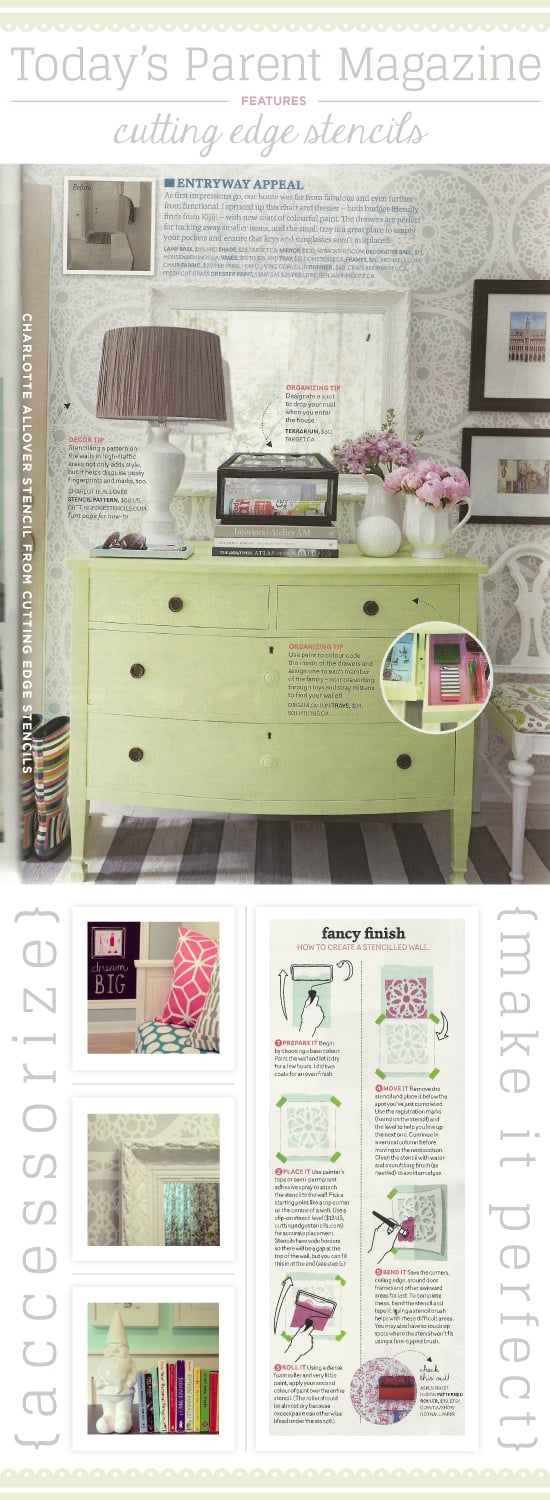 Sarah Gunn's Charlotte stenciled accent wall was featured in the September issue of Today's Parent! http://www.cuttingedgestencils.com/charlotte-allover-stencil-pattern.html