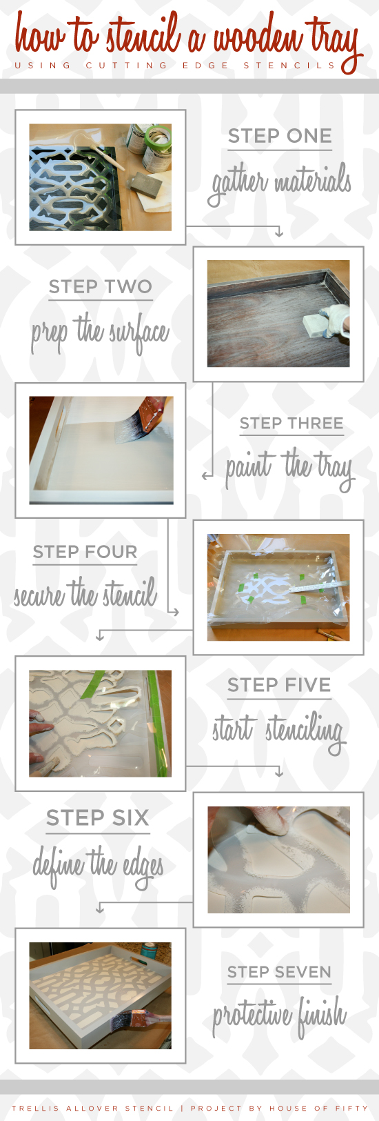 Simples steps to learning how to stencil a wooden tray using stencils from Cutting Edge Stencils! http://www.cuttingedgestencils.com/allover-stencil.html