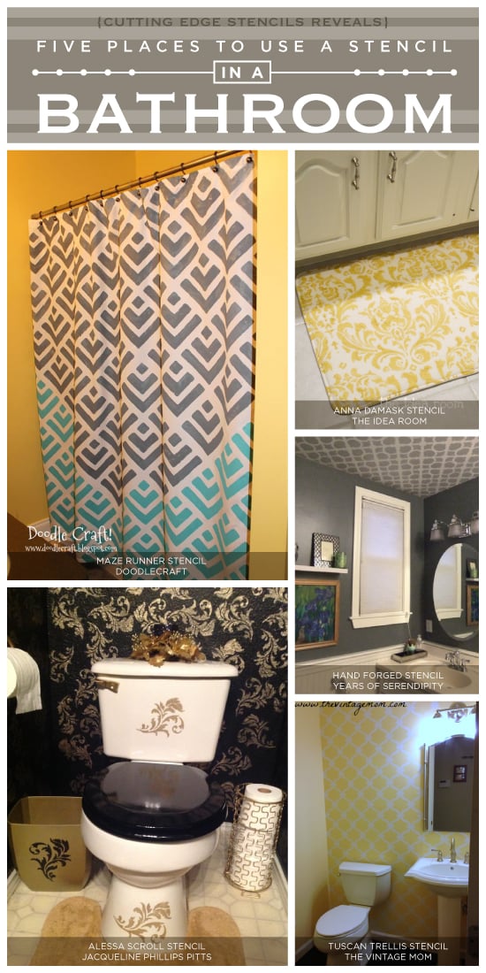 Five ways to make over a bathroom using stencils from Cutting Edge Stencils. http://www.cuttingedgestencils.com/wall-stencils-stencil-designs.html