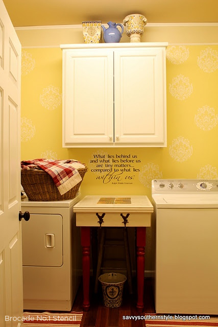 Laundry room makeover that used the Brocade No.1 Stencil from Cutting Edge Stencils. http://www.cuttingedgestencils.com/Brocade-stencil-damask.html