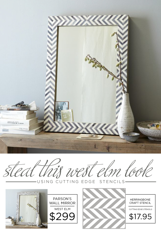 Use the Herringbone Craft Stencil to recreate this West Elm mirror. http://www.cuttingedgestencils.com/craft-stencil-herringbone.html