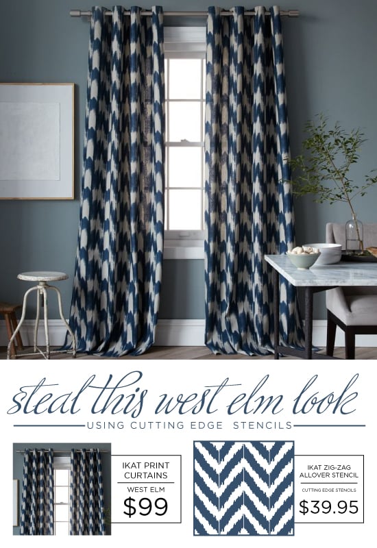 Use the Ikat Zig Zag pattern from Cutting Edge Stencils to recreate this look from West Elm. http://www.cuttingedgestencils.com/zigzag-stencil-pattern.html
