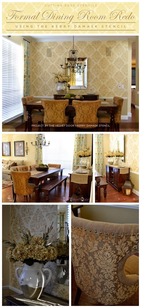 A gorgeous Kerry Damask stenciled dining room makeover! http://www.cuttingedgestencils.com/wall-damask-kerry.html