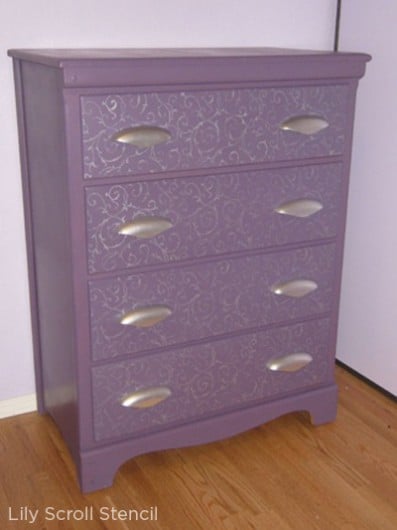 A purple Lily Scroll stenciled dresser. http://www.cuttingedgestencils.com/scroll-craft-stencil.html